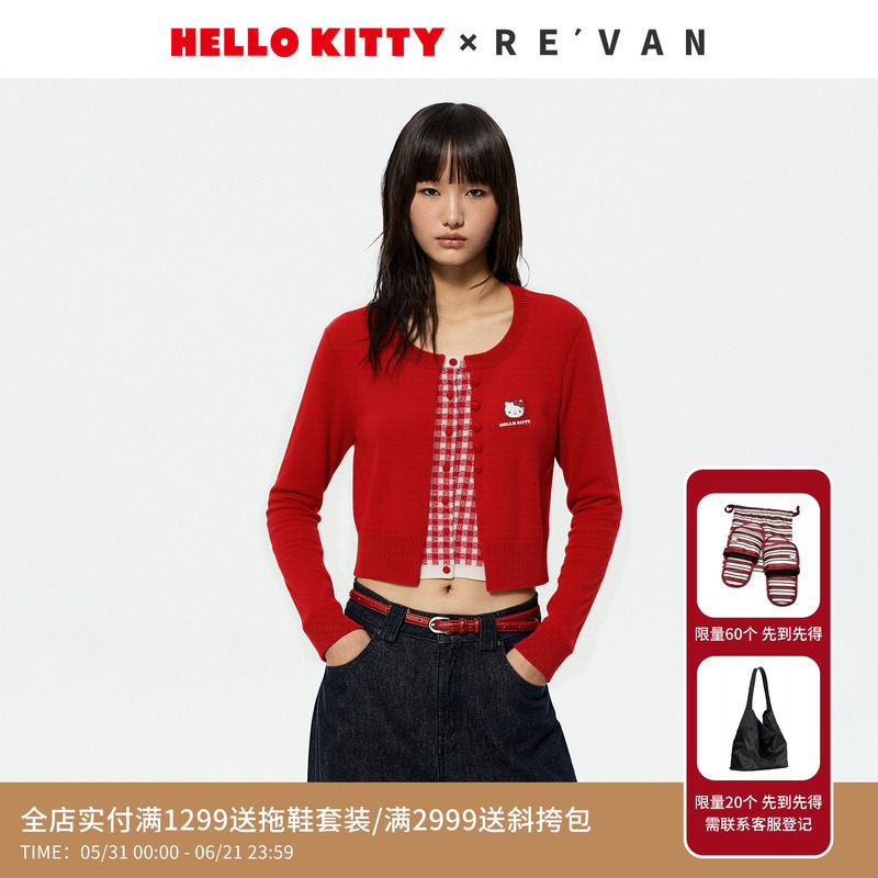 【章若楠同款】REVAN芮范HelloKitty开运红色毛衣开衫RK12801315