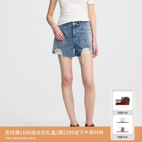 REVAN芮范设计师款不规则破洞牛仔短裤RL31307214