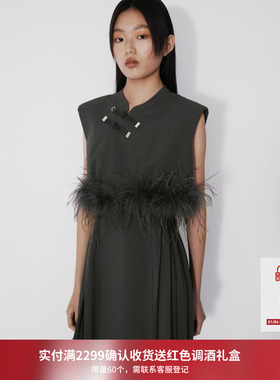 REVAN芮范设计师款新中式毛条灰色连衣裙RM71101150