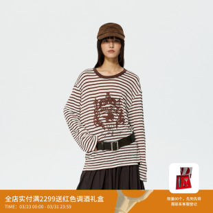 REVAN芮范设计师款 T恤RK11001084 复古徽章印花咖白条纹长袖