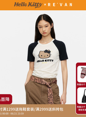 REVAN芮范黑皮HelloKitty夏日风弧形下摆插肩袖T恤RK31001035