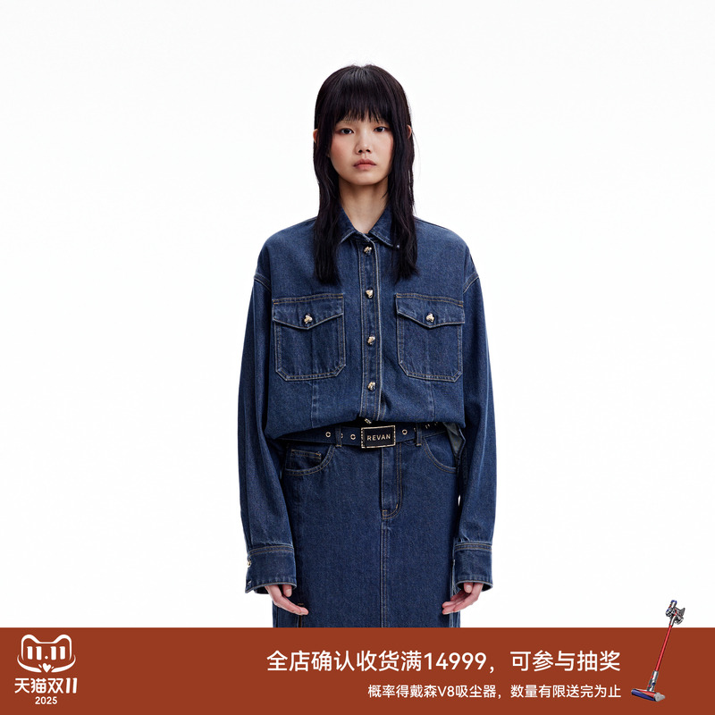 REVAN芮范2023冬季新品设计师款甜酷街头风牛仔衬衫RN90903034