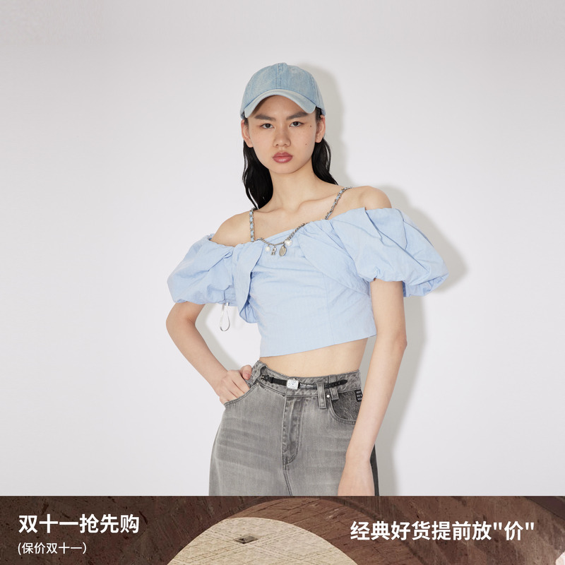 REVAN芮范新品设计师款少女度假风露肩短单衣RM30801110
