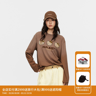 REVAN芮范黑皮HelloKitty豹纹植绒字母渐变长袖T恤RK31001068