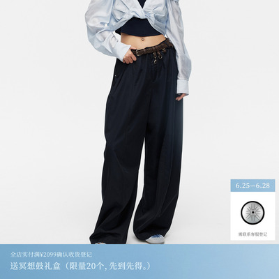 REVAN芮范设计师款垂坠感藏青高腰褶皱阔腿裤RK31301148