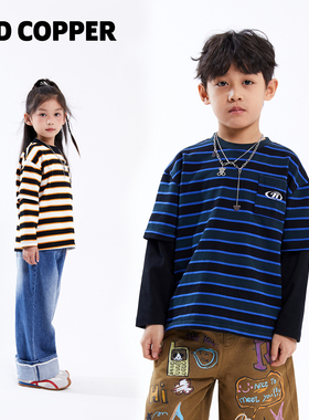 redcopper2026早春新款儿童条纹假两件双色拼接袖长袖T恤CH152427