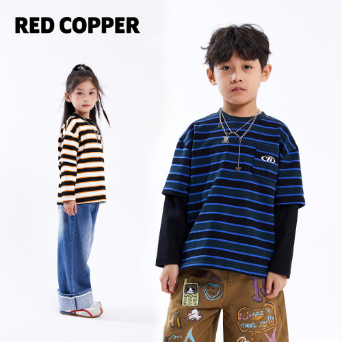 redcopper2026早春新款儿童条纹假两件双色拼接袖长袖T恤CH152427