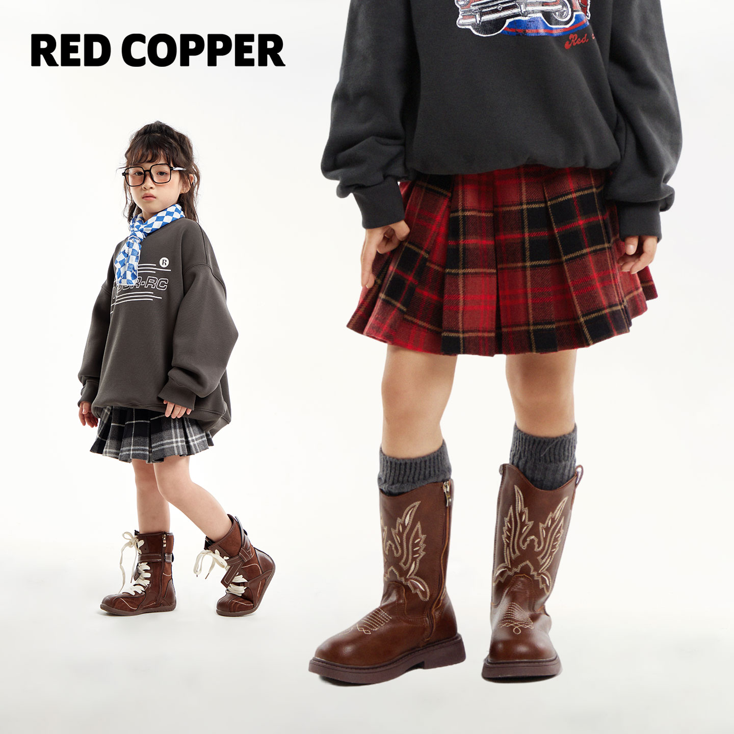 redcopper2025秋冬新款女童美式学院风格纹保暖半身裙CH323612