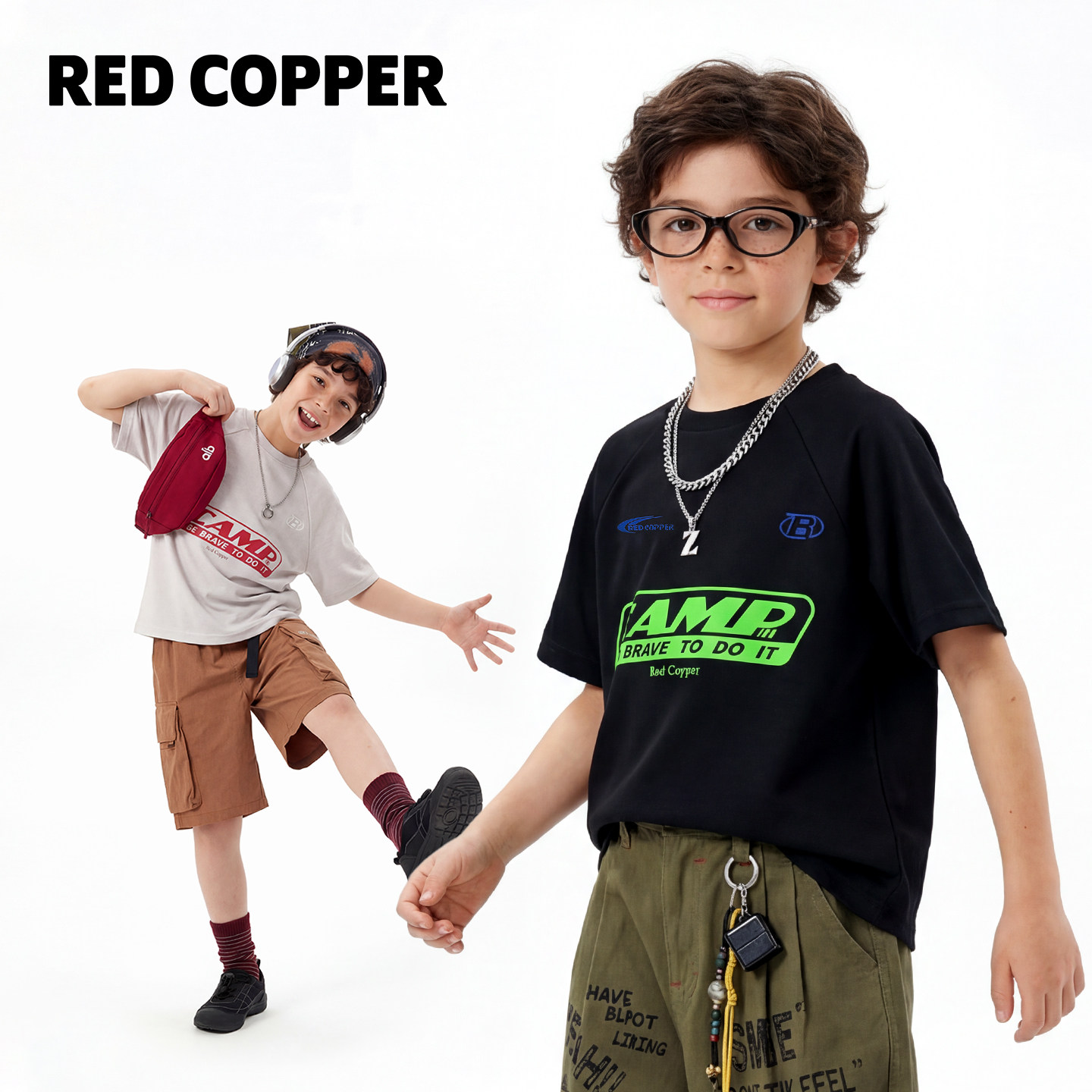 redcopper童装男童2026新款夏季裤子儿童美式透气网孔短袖字母T恤