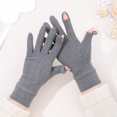 女士德绒翻盖露指手套