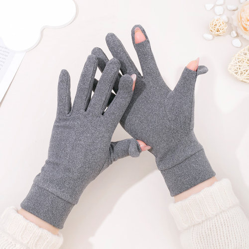 女士德绒翻盖露指手套