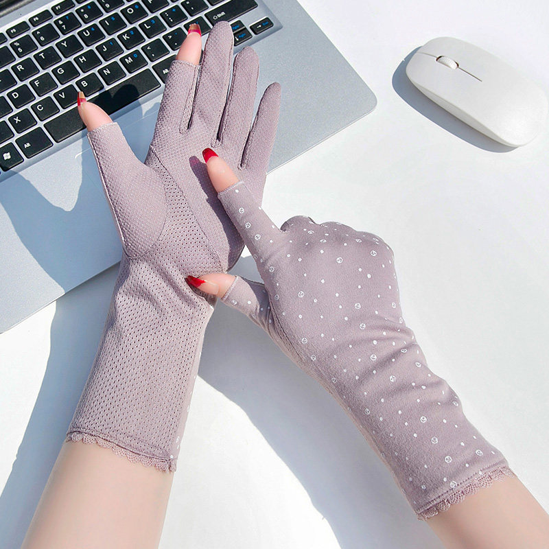 开车防晒手套女夏季防紫外线透气棉中长款防滑触屏露二指骑车春秋