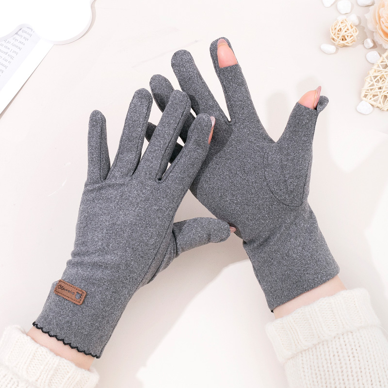 佩洛舞女士德绒翻盖露指触屏手套