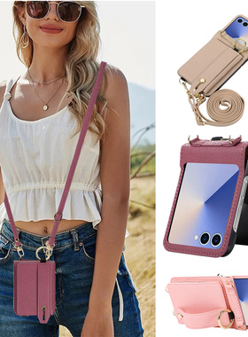 适用三星zflip7手机壳折叠samsung z flip6 card case可放卡zflip5電話z4保護殼卡包腕带长挎绳皮套外套cover