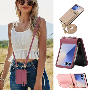 适用三星zflip7手机壳折叠samsung z flip6 card case可放卡zflip5電話z4保護殼卡包腕带长挎绳皮套外套cover