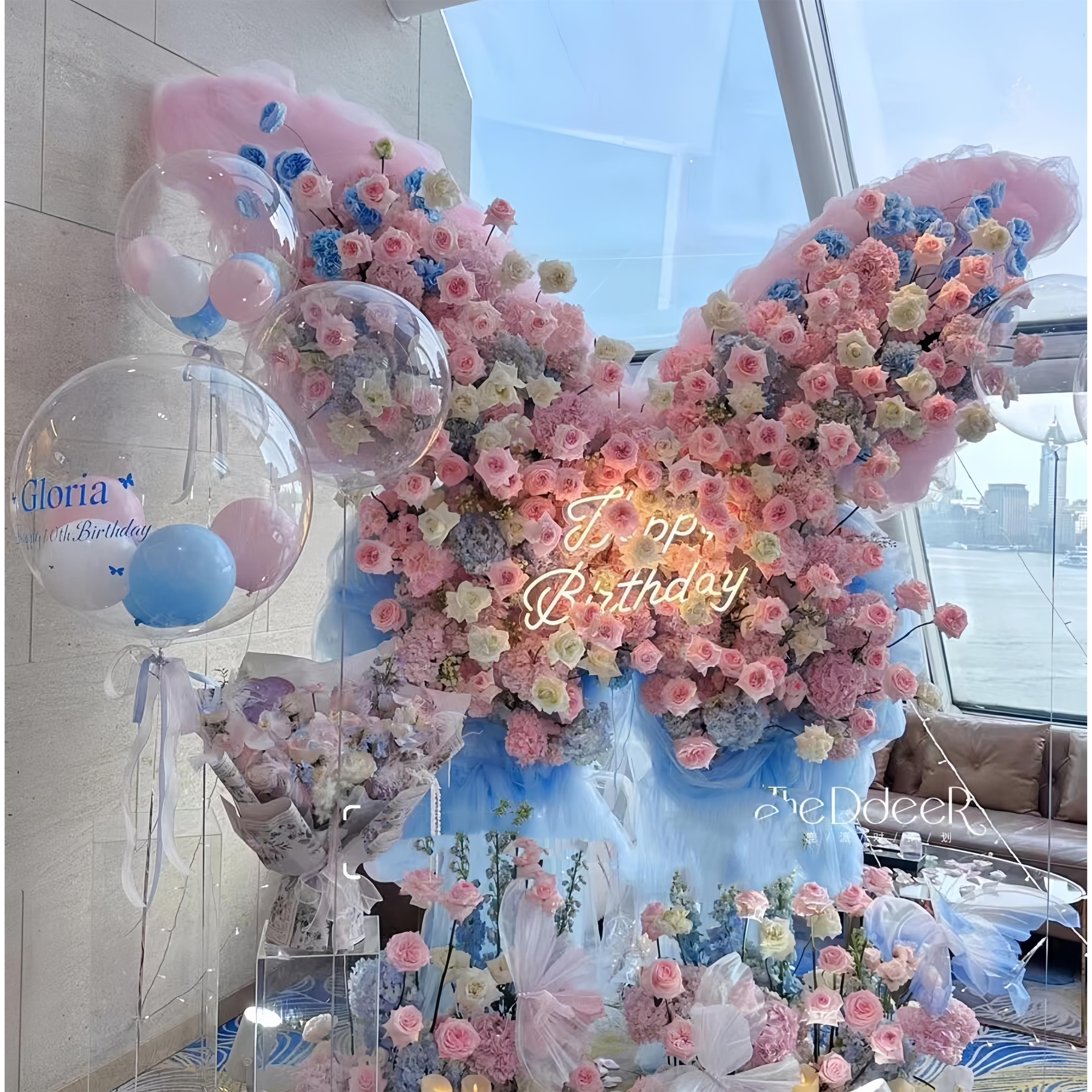 酒店包厢生日派对网纱绢花蝴蝶订婚宴婚庆布置仿真花艺蝴蝶大翅膀