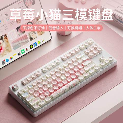 前行者草莓小猫无线 线机械键盘蓝牙粉色高颜值可爱女生办公游戏
