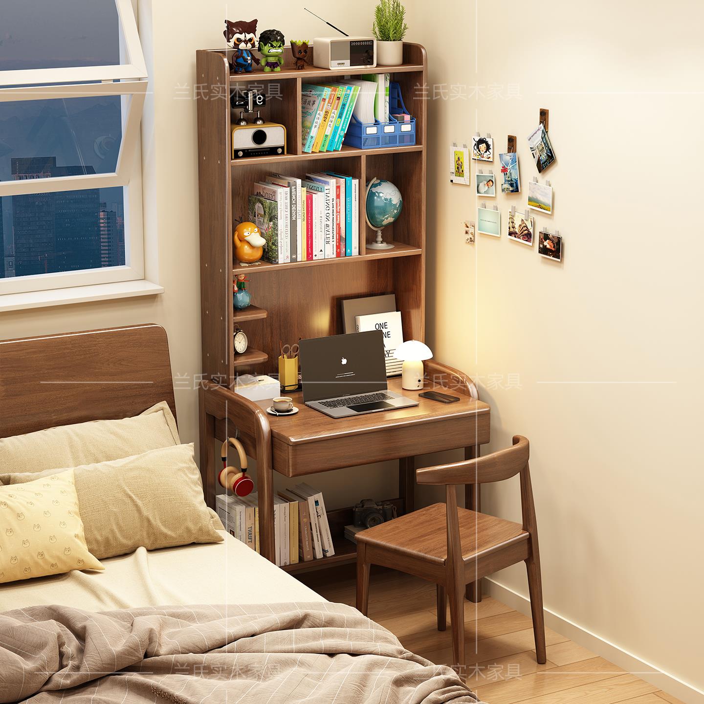 实木书桌书架一体桌学生家用学习桌子小户型卧室床边可升降电脑桌