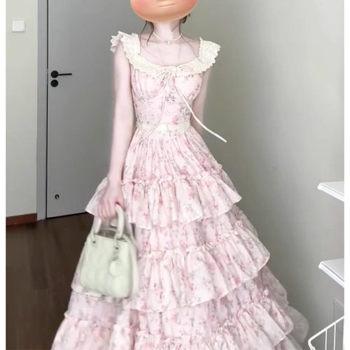 ZHOYUE 樱织花翎 精致甜美小飞袖温柔碎花收腰公主连衣长裙方领