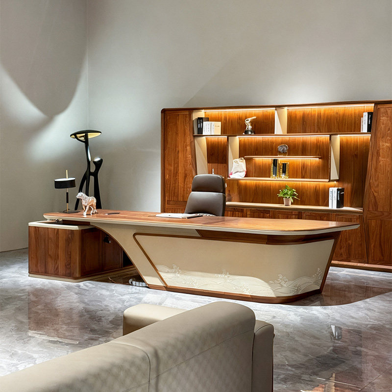 新中式老板桌实木办公桌高级感董事长大班台北美黑胡桃木总裁桌椅