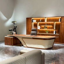 新中式老板桌实木办公桌高级感董事长大班台北美黑胡桃木总裁桌椅