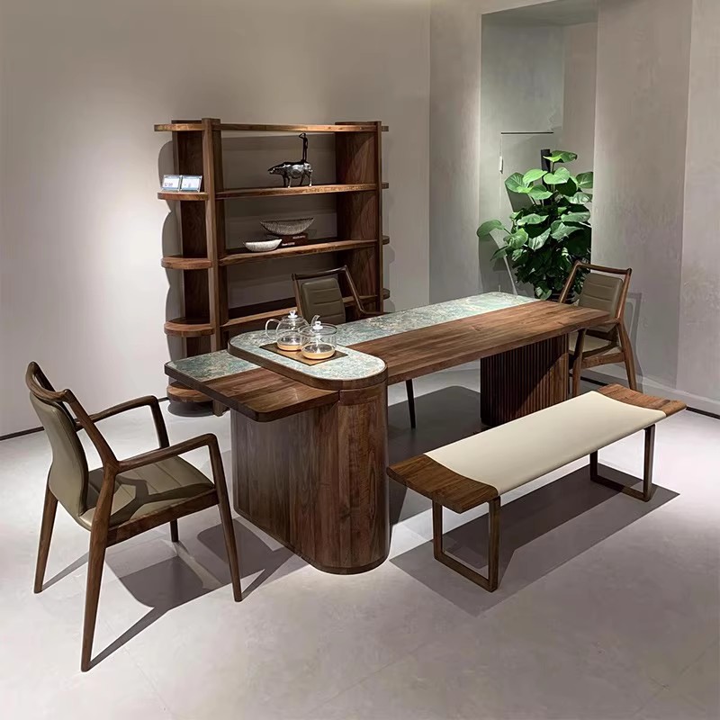 新中式北美黑胡桃木高级感茶桌椅组合现代轻奢岩板茶台办公室定制