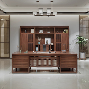 新中式实木老板桌简约现代北美黑胡桃木办公桌轻奢高级感办公家具