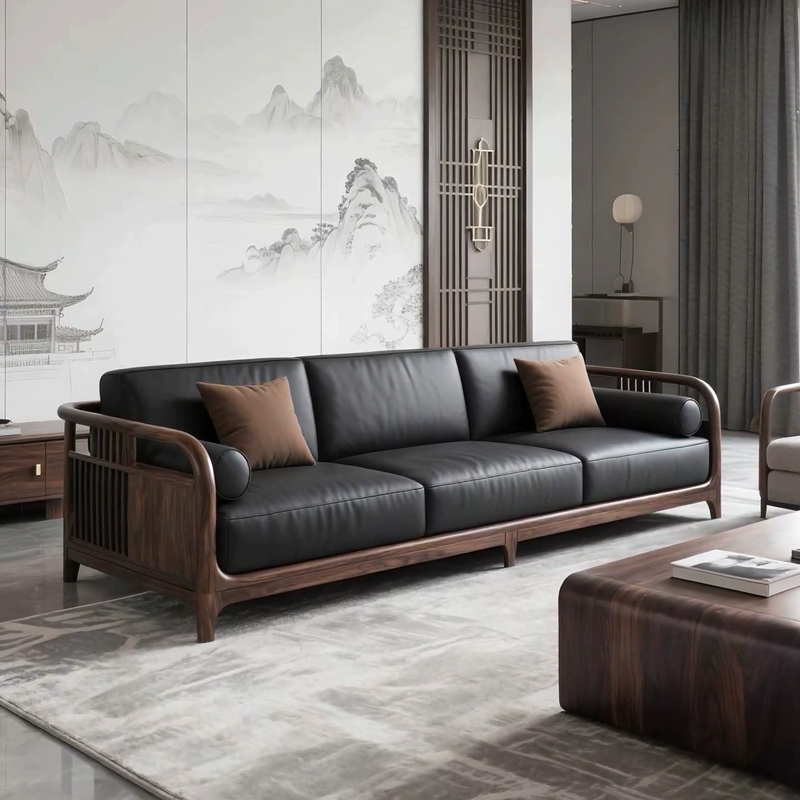新中式北美黑胡桃真皮实木沙发