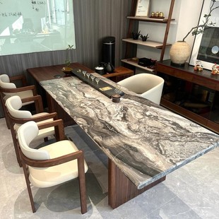 高端奢石茶桌北美黑胡桃新中式 轻奢现代实木岩板茶台总裁办公茶室