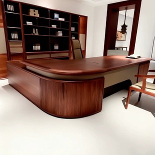 新中式实木老板桌新款高端总裁办公桌北美黑胡桃董事长大班台弧形