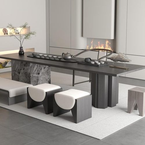 新中式岩板茶台现代轻奢家用大理石实木茶桌高级感办公室酒店定制