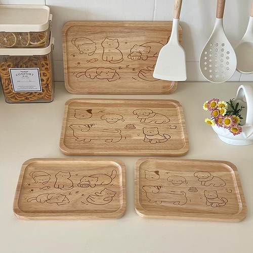 石径居ins韩国小猫小狗橡木托盘餐盘家用面包水果盘下午茶收纳盘
