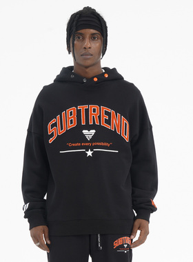意大利SUBTREND新款潮酷字母牙刷绣连帽黑色卫衣男女同款