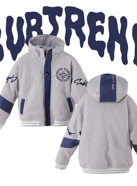 SUBTRED连帽秋冬加棉棒球服撞色拼接精致绣花米色阔型外套百搭