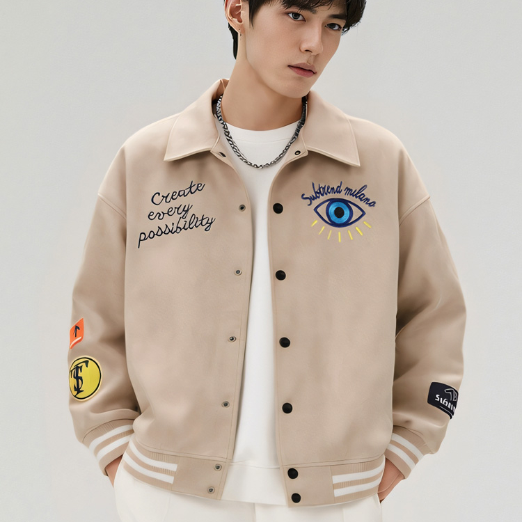 新款[SUBTREND]意大利潮牌卡其色翻领PU外套男女同款S5SM01005