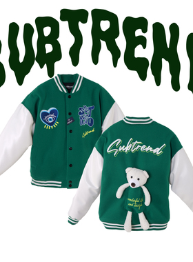 SUBTRED秋冬加棉棒球服撞色拼接精致绣花米色阔型外套百搭