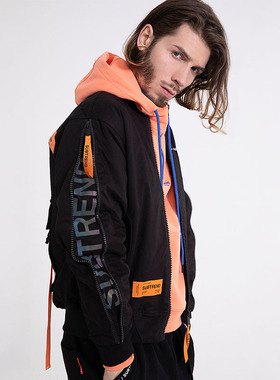 SUBTREND潮牌黑色棒球保暖棉服撞色织带设计