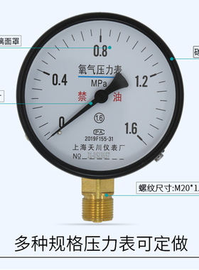 上海天川仪表YO-100氧气压力表2.5mpa禁油氧气表气体钢瓶氧气表头