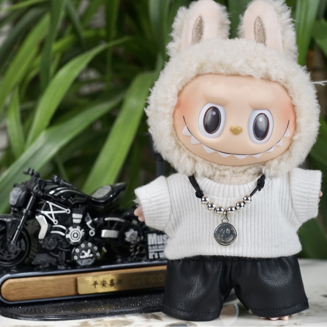 仅娃衣一二三代拉布布衣服机车潮流17厘米labubu娃衣白t恤皮裤