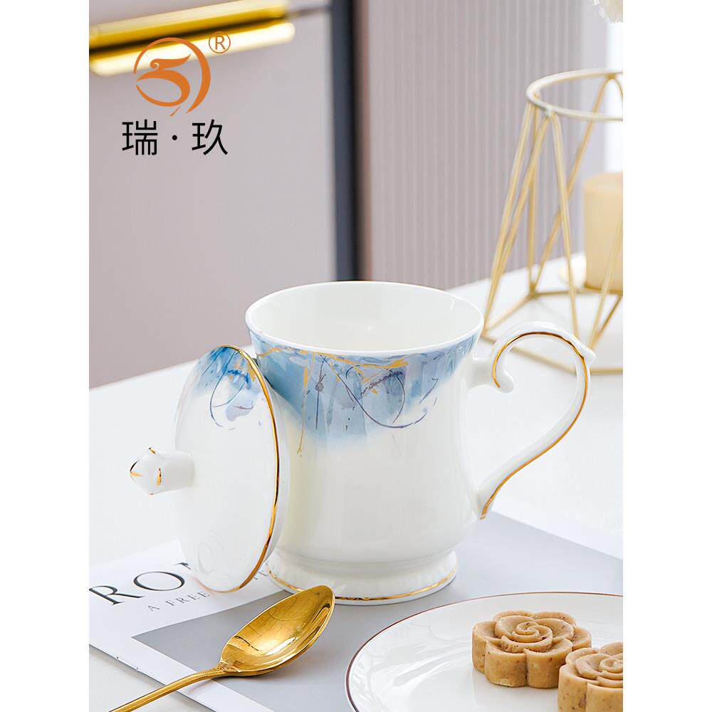骨瓷办公杯马克杯家用轻奢茶杯商用陶瓷带盖主人杯水杯会议杯定制