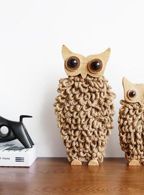 纯手工木质猫头鹰摆件创意北欧家居装饰书房玄关桌面客厅室内礼品