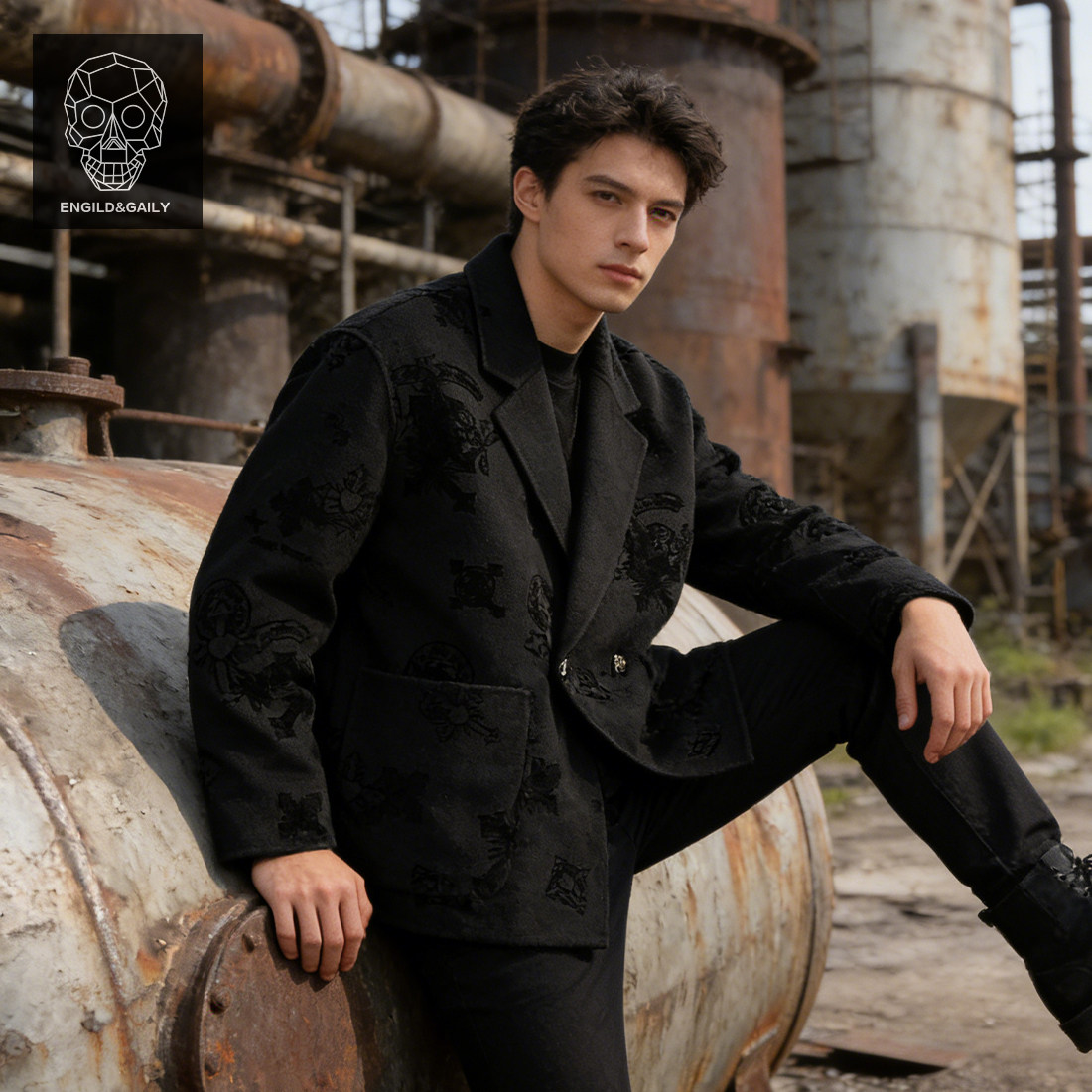 金刚铁甲骷髅头黑色西装外套男冬季商务休闲短款百搭毛呢大衣