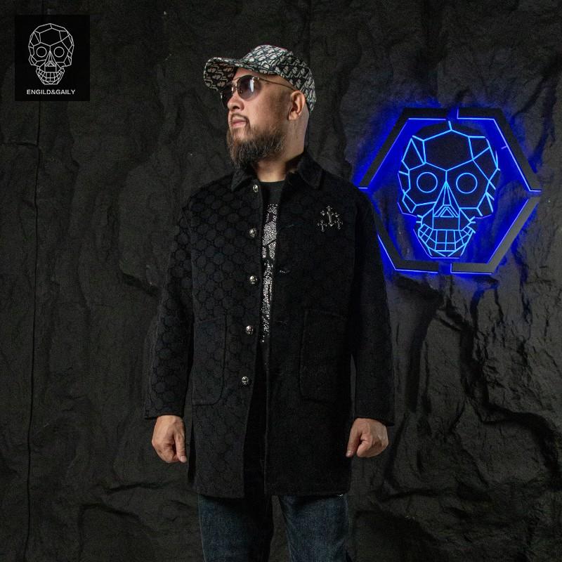 金刚铁甲骷髅头羽绒内胆双面呢子大衣男中长款加厚羊绒毛呢子外套