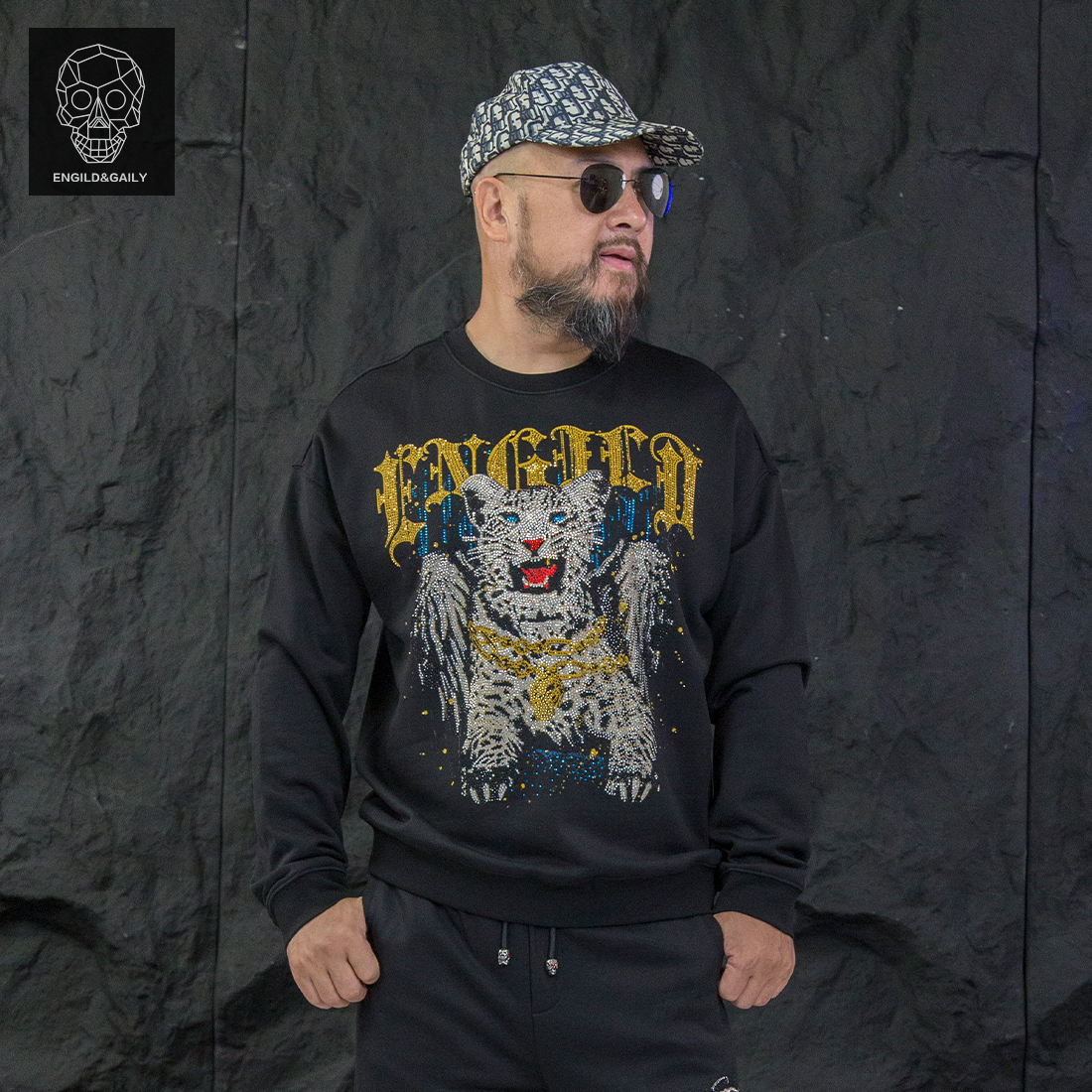 金刚铁甲骷髅头正品原创国潮美式个性豹子烫钻印花长袖圆领卫衣男