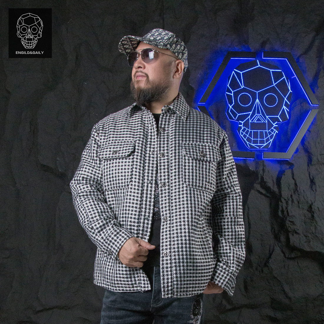 金刚铁甲骷髅头潮牌小香风高级感痞帅加厚夹棉格子夹克衬衫外套男