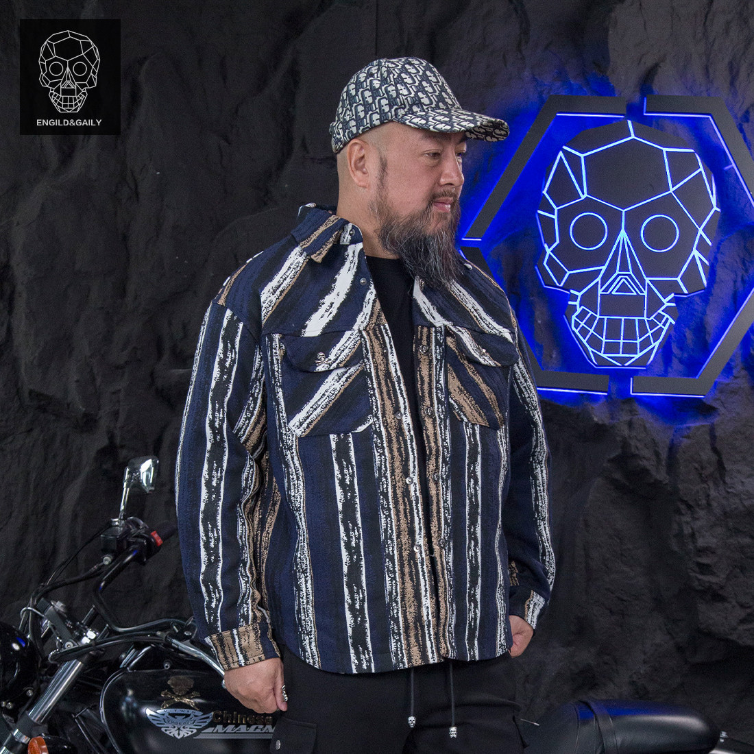 金刚铁甲骷髅头美式复古条纹夹克男潮牌印花翻领外套夹棉衬衫