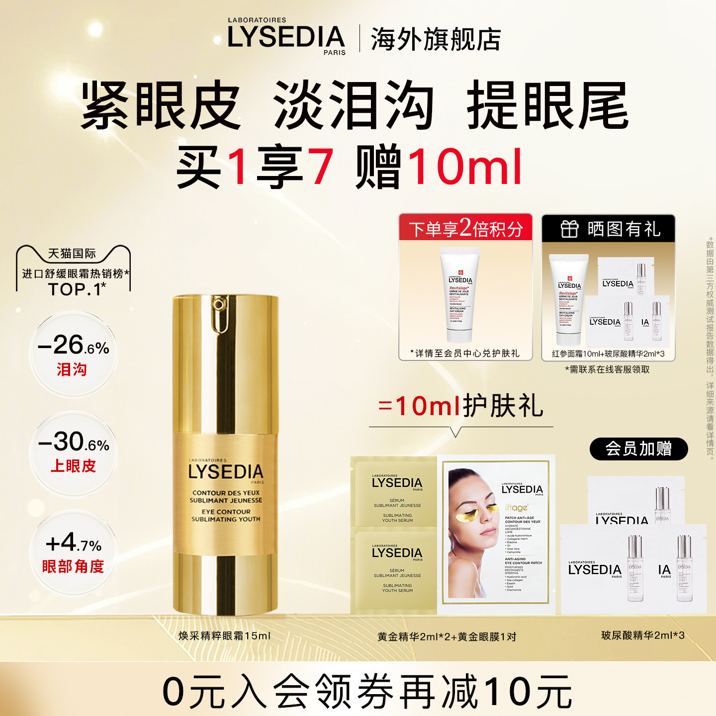 lysedia黄金线眼霜淡纹淡泪沟眼部精华抗皱紧致提松垮丰盈嘭润