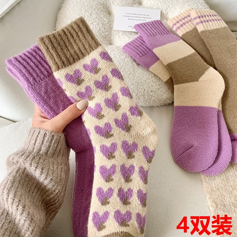 袜子女中筒袜冬季防寒保暖加厚紫色毛圈月子袜秋款睡眠地板长筒袜