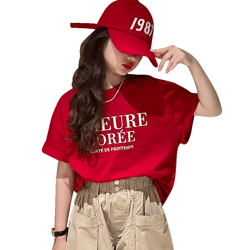 女童短袖T恤夏季新款韩版洋气女大童红色字母打底衫儿童纯棉上衣