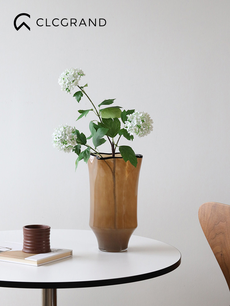 中世纪黑边手工玻璃花瓶饰品,高端客厅桌面创意褶皱家居装饰饰品